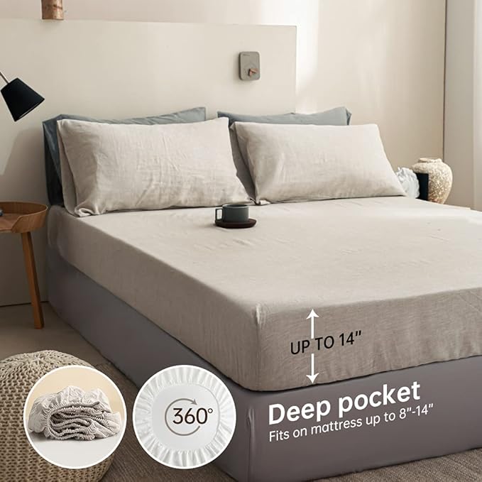 Simple&Opulence 100% Linen Sheet Set Solid Color-4 Pcs Washed French Bed Sheets(1 Flat Sheet,1 Fitted Sheet,2 Pillowcases)-Breathable Bedding Set (Linen, King) - LeafyLoom