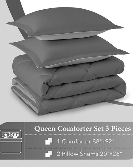 downluxe Queen Comforter Set - Charcoal and Grey Queen Comforter, Soft Bedding Sets for All Seasons -3 Pieces - 1 Comforter (88"x92") and 2 Pillow Shams(20"x26") - LeafyLoom