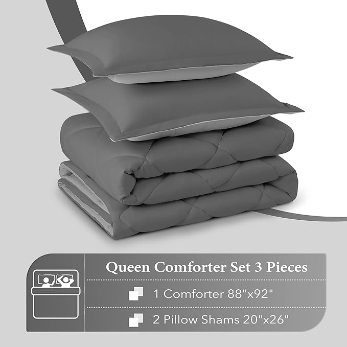 downluxe Queen Comforter Set - Charcoal and Grey Queen Comforter, Soft Bedding Sets for All Seasons -3 Pieces - 1 Comforter (88"x92") and 2 Pillow Shams(20"x26") - LeafyLoom