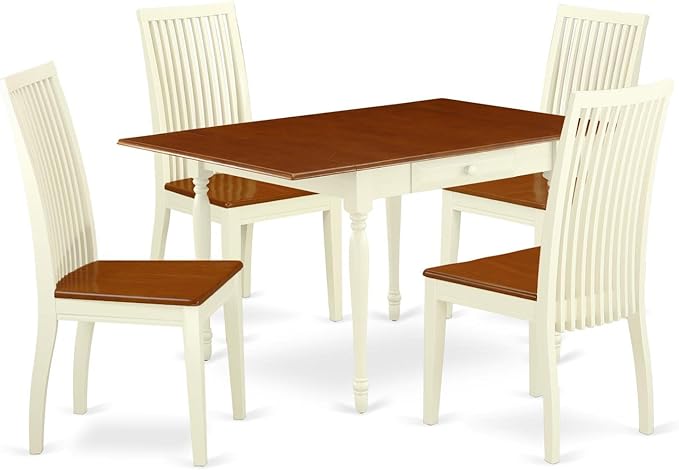 East West Furniture Monza 5 Piece Set Includes a Rectangle Dining Room Table with Dropleaf and 4 Wood Seat Chairs, 36x54 Inch, Buttermilk & Cherry - LeafyLoom
