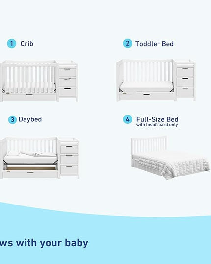 Graco Remi 4-In-1 Convertible Crib & Changer With Drawer (White) – GREENGUARD Gold Certified, Crib And Changing-Table Combo, Includes Changing Pad, Converts To Toddler Bed, Full-Size Bed - LeafyLoom