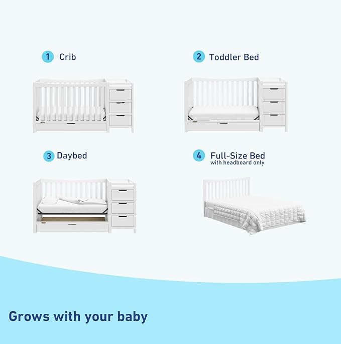 Graco Remi 4-In-1 Convertible Crib & Changer With Drawer (White) – GREENGUARD Gold Certified, Crib And Changing-Table Combo, Includes Changing Pad, Converts To Toddler Bed, Full-Size Bed - LeafyLoom