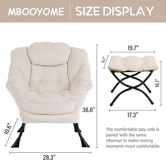 Lazy Chair with Ottoman, Modern Soft Reading Chair Accent Contemporary Lounge Leisure Sofa Chair with Armrests and a Side Pocket for Living Room, Bedroom, Dorm & Office, Beige - LeafyLoom