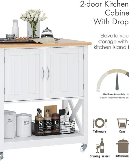 Spirich Home Kitchen Island on Wheels, Rolling Cart with Storage Cabinet, Small Kitchen Island with Drop Leaf and Towel Rack for Dining Room, White - LeafyLoom