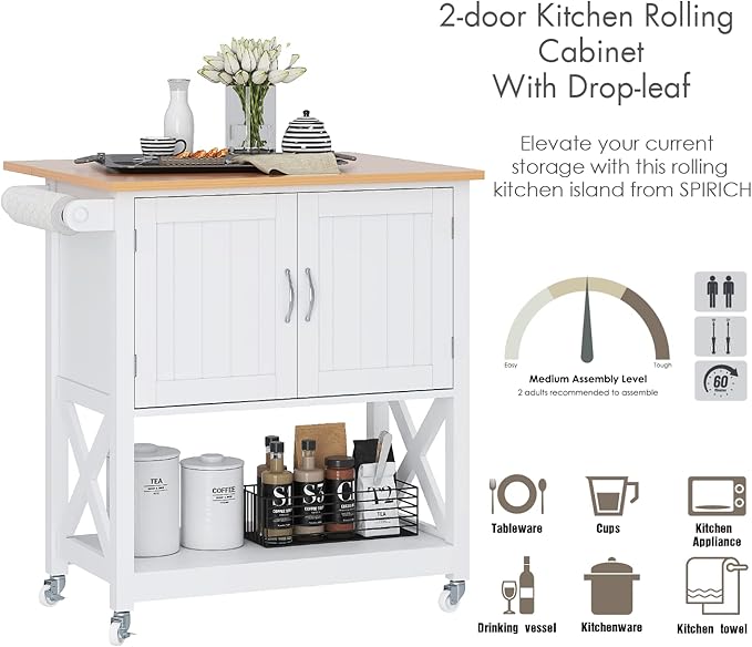 Spirich Home Kitchen Island on Wheels, Rolling Cart with Storage Cabinet, Small Kitchen Island with Drop Leaf and Towel Rack for Dining Room, White - LeafyLoom