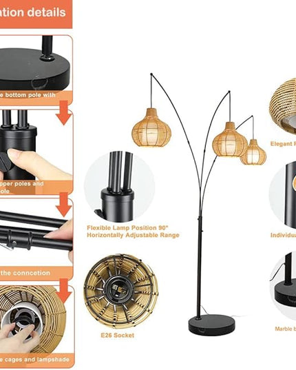 Depuley 3-Light LED Arc Floor Lamps, Adjustable Modern Tall Standing Reading Lamp with Bamboo Lampshades & Marble Base, Rattan Floor Lamp for Living Room Bedroom Office Study, E26 Bulbs Included - LeafyLoom