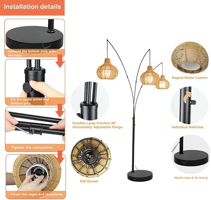 Depuley 3-Light LED Arc Floor Lamps, Adjustable Modern Tall Standing Reading Lamp with Bamboo Lampshades & Marble Base, Rattan Floor Lamp for Living Room Bedroom Office Study, E26 Bulbs Included - LeafyLoom