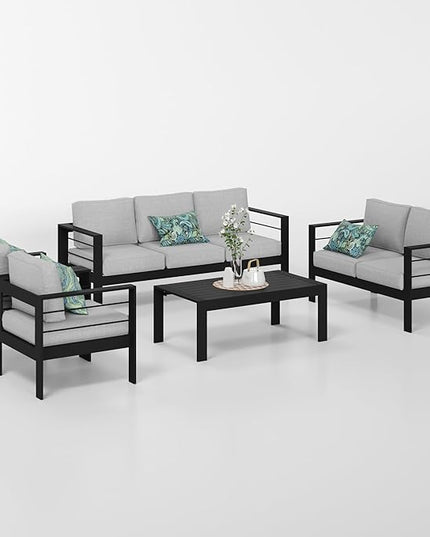 Solaste Aluminum Patio Furniture Set,5 Pieces Modern Outdoor Conversation Set Sectional Sofa with Upgrade Cushion and Coffee Table,Black Frame and Grey Cushion - LeafyLoom