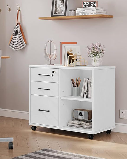3 Drawer File Cabinets, Mobile Lateral Printer Stand with Open Shelf, Rolling Filing Cabinet with Wheels Home Office Organization and Storage (White) - LeafyLoom