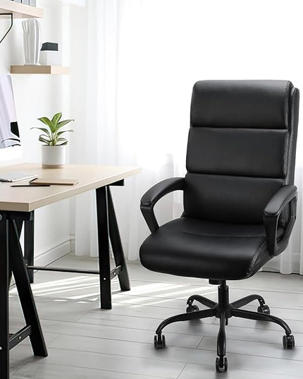 Leather Office Chair, Bonded Leather Executive Computer Chair, High Back Desk Chair with Padded Armrest, Thickened Cushion, Swivel Chair for Home, Meeting, Conference - Black - LeafyLoom