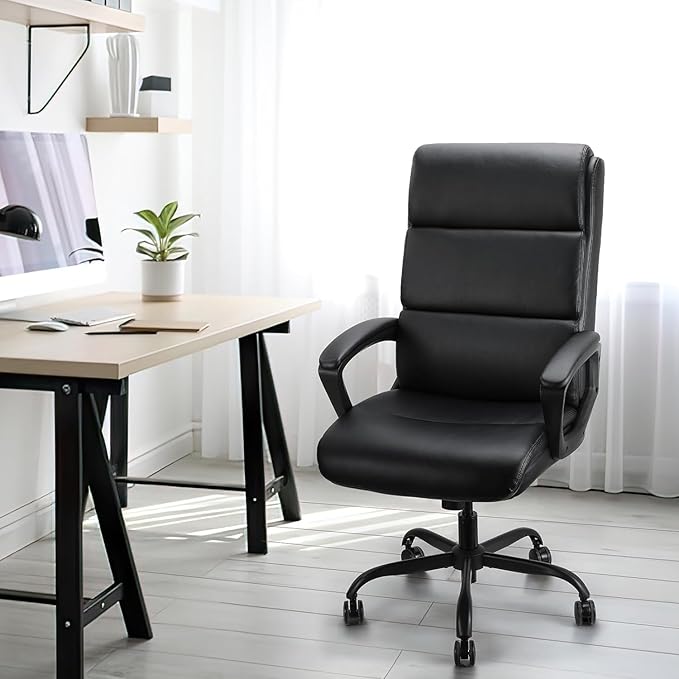 Leather Office Chair, Bonded Leather Executive Computer Chair, High Back Desk Chair with Padded Armrest, Thickened Cushion, Swivel Chair for Home, Meeting, Conference - Black - LeafyLoom