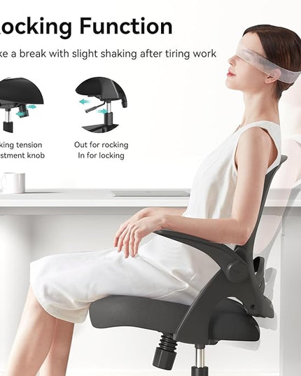 Hbada Office Chair, Desk Chair with Flip-Up Armrests and Saddle Cushion, Ergonomic Office Chair with S-Shaped Backrest, Swivel, Mesh, for Home and Office, Black - LeafyLoom