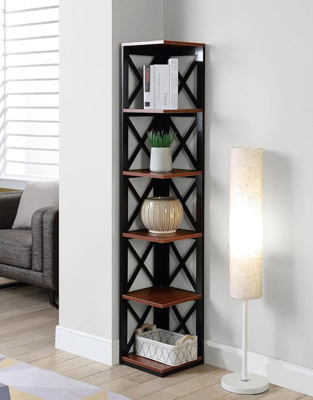 Convenience Concepts Oxford 5 Tier Corner Bookcase, Cherry / Black - LeafyLoom