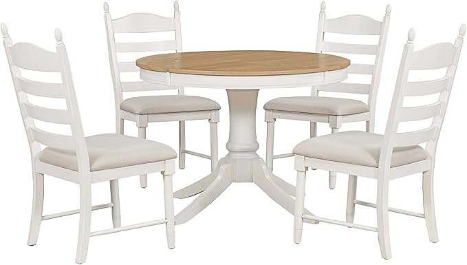 5 Pieces Kitchen & Dining 4 with Round Extendable Table and Four Upholstered Chairs, Retro Rustic Style Home Furniture Tαble Sets Breakfast Corner for Small Spaces, Living Room, White - LeafyLoom