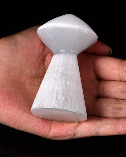 JIC Gem USB Selenite Lamp White Mushroom Small Selenite Crystal Lamp 3.1 Inch with Wooden Light Stand Base - LeafyLoom
