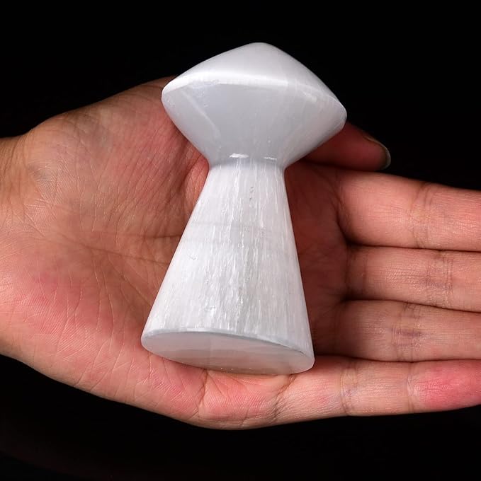 JIC Gem USB Selenite Lamp White Mushroom Small Selenite Crystal Lamp 3.1 Inch with Wooden Light Stand Base - LeafyLoom