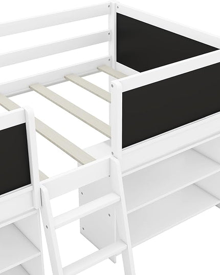 Twin Size Low loft Bed with Movable Shelves for Kids,Kids Low Loft Bed Frame with Guardrail Chalkboard and Storage,Solid Wood Loft Bed Twin for Boys,Girls (White) - LeafyLoom