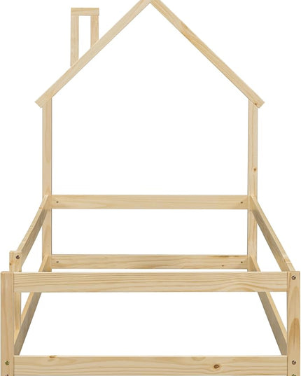 Bellemave Twin Size House-Shaped Headboard Floor Bed with Fence,Wooden Montessori Floor Bed for Kids,House Bed Twin Frame for Girls,Boys (Natural) - LeafyLoom