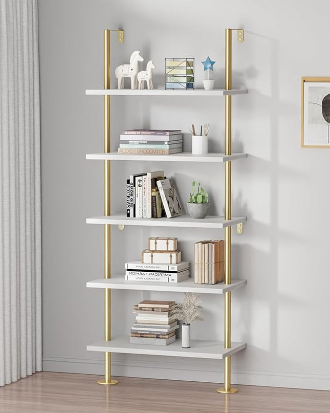 Ladder Shelf Bookcase 5 Tier, Extra Sturdy Modern Bookshelf Wall Mounted, Tall Standing Open Shelf White and Gold, Industrial Metal Frame with Wooden Shelf - LeafyLoom