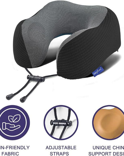 napfun Neck Pillow for Traveling, Upgraded Travel Neck Pillow for Airplane 100% Pure Memory Foam Travel Pillow for Flight Headrest Sleep, Portable Plane Accessories, Striped Black - LeafyLoom