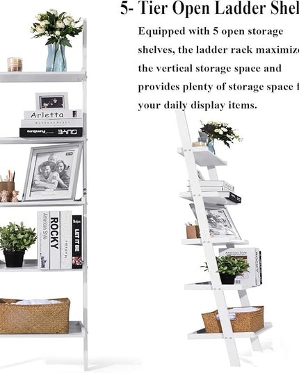 HYNAWIN Ladder Shelf 5-Tier Bookshelf –Bamboo Storage Rack Shelves Wall Leaning Shelf,White Freestanding Plant Flower Stand, Corner Display Bookcase - LeafyLoom