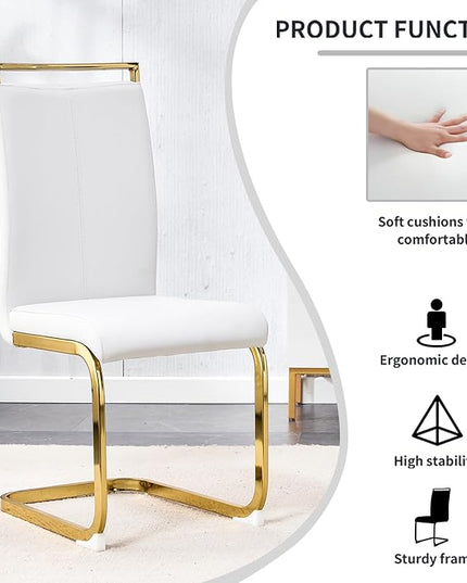 Modern Dining Chairs Set of 6,High Back White Kitchen Chairs,Faux Leather Side Chair with Gold Plated Metal Legs,Easy to Clean Upholstered Dining Chairs,Ideal for Living Room(Gold Leg) - LeafyLoom