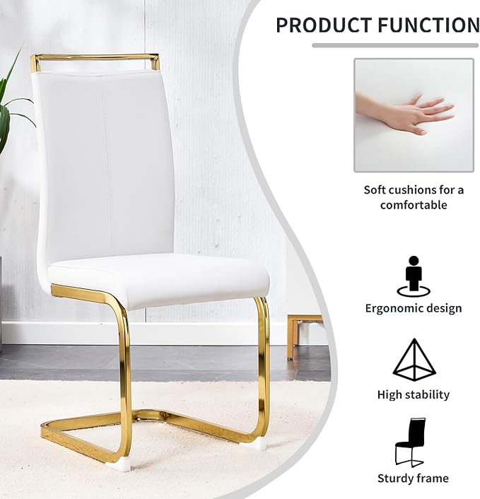 Modern Dining Chairs Set of 6,High Back White Kitchen Chairs,Faux Leather Side Chair with Gold Plated Metal Legs,Easy to Clean Upholstered Dining Chairs,Ideal for Living Room(Gold Leg) - LeafyLoom
