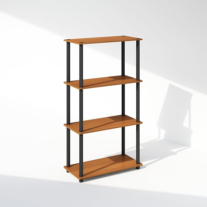 Furinno Turn-N-Tube 4-Tier Multipurpose Shelf Display Rack, Shelving Unit, Bookcase, Light Cherry/Black - LeafyLoom