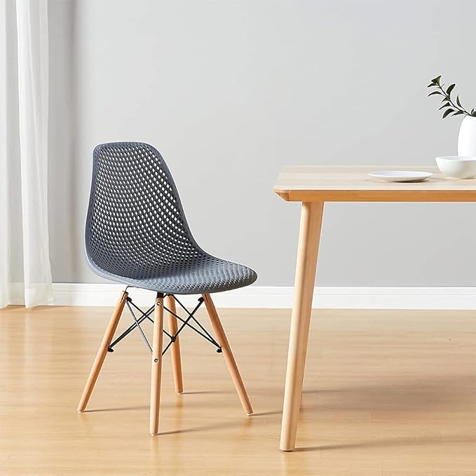 CangLong Dining Mid Century Modern Hollow Back Design Plastic Shell Armless Side Chair with Beech Wood Legs, Set of 1, Grey - LeafyLoom
