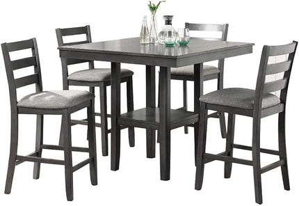 NicBex Small Dining Table Set for 4 Breakfast Nook Table Set Counter Height 5Pc Set Square Dining Table with Shelves Cushion Seat Ladder Back High Chairs Solid Wood, Grey - LeafyLoom