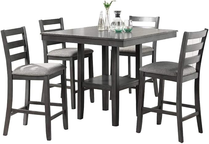 NicBex Small Dining Table Set for 4 Breakfast Nook Table Set Counter Height 5Pc Set Square Dining Table with Shelves Cushion Seat Ladder Back High Chairs Solid Wood, Grey - LeafyLoom