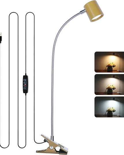 Dott Arts Desk Lamp,USB Clip On Light with 3 Color Modes,LED 10 Levels Brightness Reading Lamp, 360° Gooseneck Book Light,Eye-Care Reading Light for Home Office,Headboards Gold - LeafyLoom