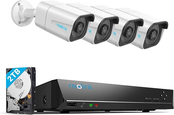 REOLINK 4K Security Camera System - H.265 4pcs PoE Security Cameras Wired with Person Vehicle Detection, 8MP/4K 8CH NVR with 2TB HDD for 24-7 Recording, RLK8-800B4 REOLINK