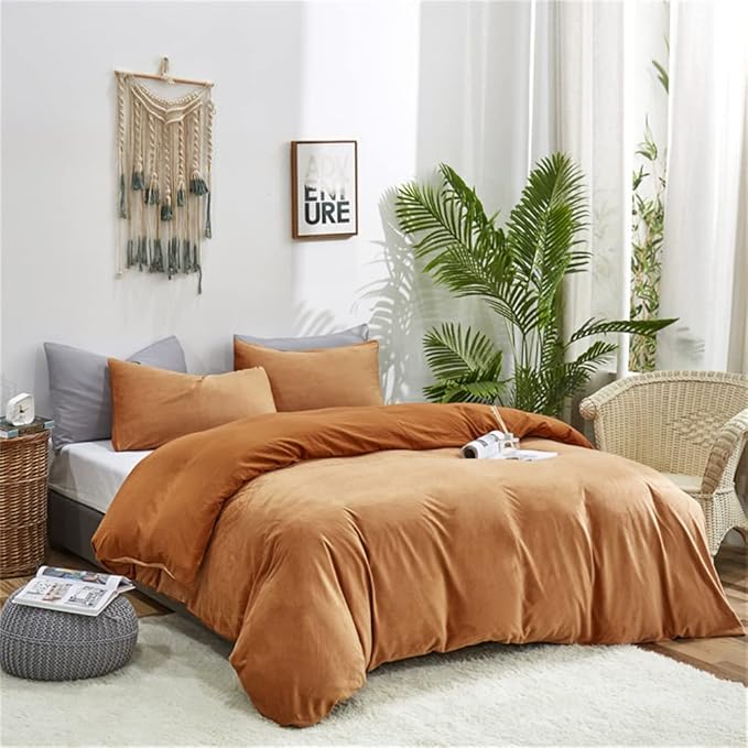 Wellboo Velvet King Size Comforter Set Pumpkin Fluffy Bedding Set for Women Girls Burnt Orange Plush Bedding Comforters Solid Terracotta Flannel Quilt Soft Rust Pumpkin Fuzzy Blanket Sherpa Shaggy Bed - LeafyLoom