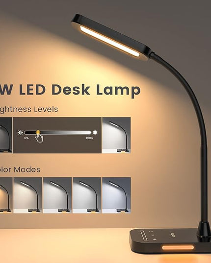 LASTAR LED Desk Lamp, 12W Flexible Gooseneck Table Lamp, Office Desk Light with Night Light, USB Port, Touch Control, 5 Color Temperatures & 7 Brightness Levels, Memory Function for Home Office - LeafyLoom