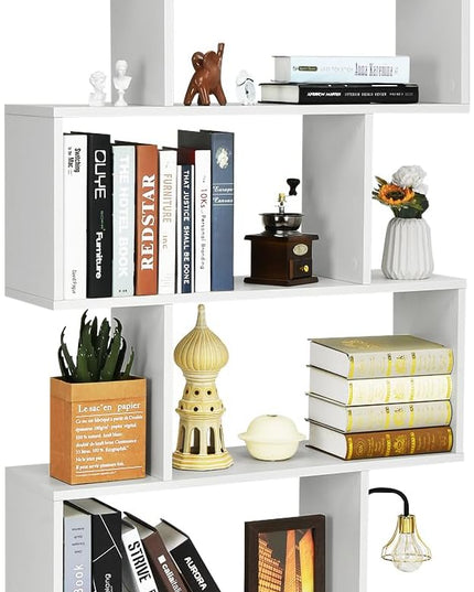 BETTARY 6-Tier Bookshelf, Freestanding S-Shaped Geometric Display Shelf, Modern Tall Bookcase for Home Office, Living Room, Bedroom, White - LeafyLoom