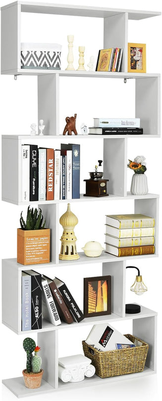 BETTARY 6-Tier Bookshelf, Freestanding S-Shaped Geometric Display Shelf, Modern Tall Bookcase for Home Office, Living Room, Bedroom, White - LeafyLoom