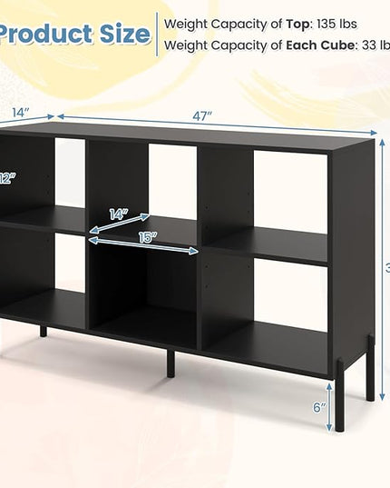 LOKO 6 Cube Bookcase, 3-Tier Floor Open Bookshelf with 5 Metal Legs, Cube Storage Organizer with Adjustable Shelves, Modern Display Shelving for Living Room, Study, Bedroom, Office (black) - LeafyLoom
