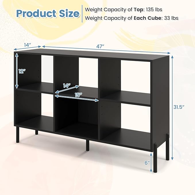 LOKO 6 Cube Bookcase, 3-Tier Floor Open Bookshelf with 5 Metal Legs, Cube Storage Organizer with Adjustable Shelves, Modern Display Shelving for Living Room, Study, Bedroom, Office (black) - LeafyLoom