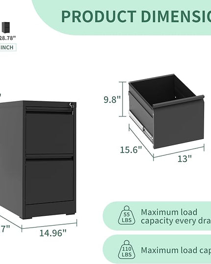 2 Drawer File Cabinet with Lock, Metal Vertical Filing Cabinets for Home Office, Steel Storage Cabinet for Hanging Legal/Letter Size Files, Assembly Required (Black) - LeafyLoom