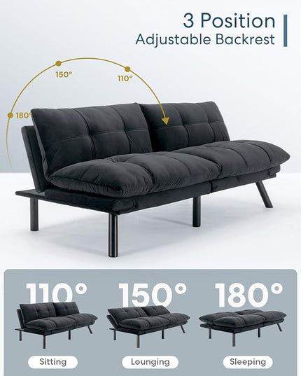 Velvet Convertible Futon Sofa Bed, 71" Comfy Loveseat Sleeper Sofa with Adjustable Backrest Armrest, Strengthen Wood, 7" Thick Padded Cushion, Small 2 Seater Couch for Living Room, Bedroom - LeafyLoom