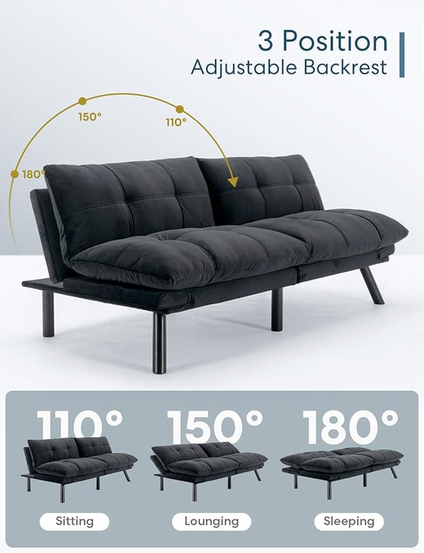 Velvet Convertible Futon Sofa Bed, 71" Comfy Loveseat Sleeper Sofa with Adjustable Backrest Armrest, Strengthen Wood, 7" Thick Padded Cushion, Small 2 Seater Couch for Living Room, Bedroom - LeafyLoom