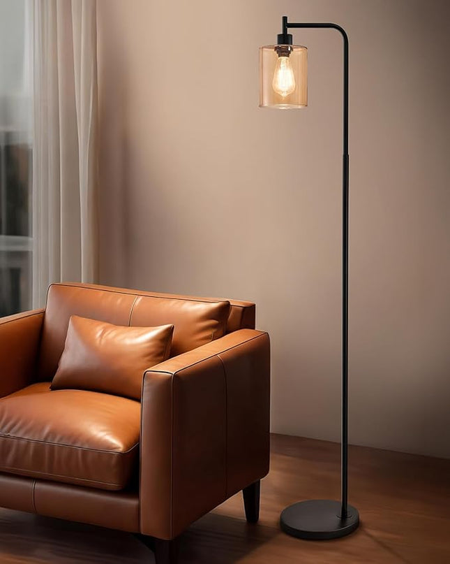 Oneach 66.5 '' Black Floor Lamps for Living Room with Glass Lampshade Tall Floor Lamp with LED Bulb Industrial Standing Lamp for Bedroom - LeafyLoom