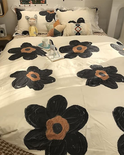 Black and White Comforter Set Black Floral Bedding King Comforter Set Hand-Drawn Flowers Cotton Women Modern Elegant Chic Quilts Blankets Lightweight Black Flower Reversible Bed Comforter Set - LeafyLoom