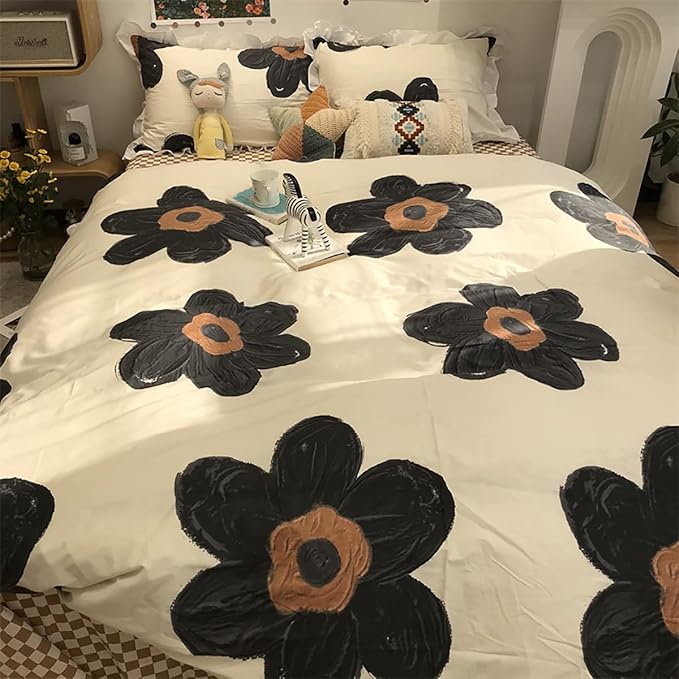Black and White Comforter Set Black Floral Bedding King Comforter Set Hand-Drawn Flowers Cotton Women Modern Elegant Chic Quilts Blankets Lightweight Black Flower Reversible Bed Comforter Set - LeafyLoom