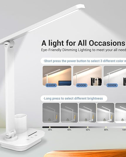 Cordless LED Desk Lamp for Home Office, 6000mAh Rechargeable Battery Operated Table Lamps with Pen Holder,Eye-Caring Reading Lamp, 3 Lighting Modes & Brightness Dimmer Light for Kids Study - LeafyLoom