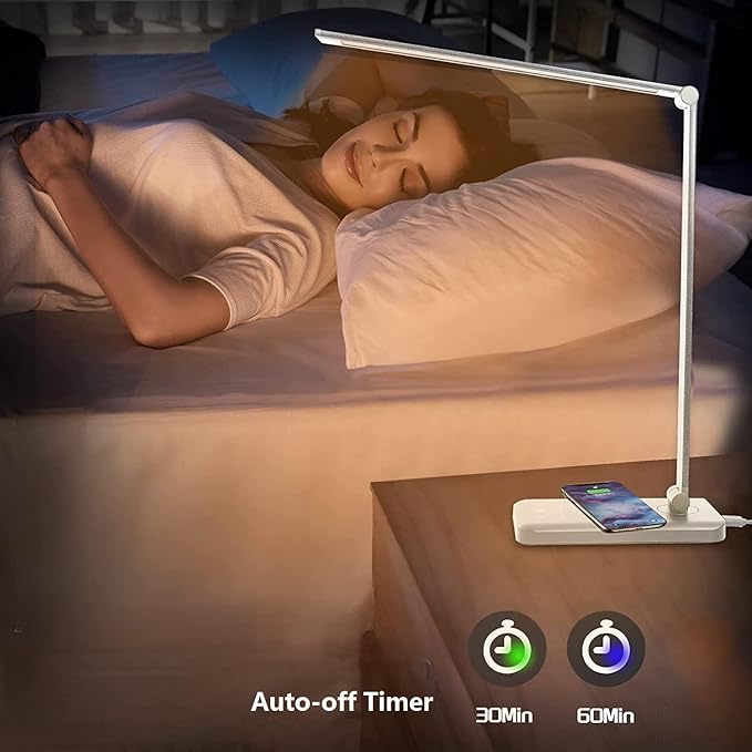 LED Desk Lamp Dimmable Table Lamp Reading Lamp with USB Charging Port, 5 Lighting Modes, Sensitive Control, 30/60 Minutes Auto-Off Timer, Eye-Caring Office Lamp (White) - LeafyLoom