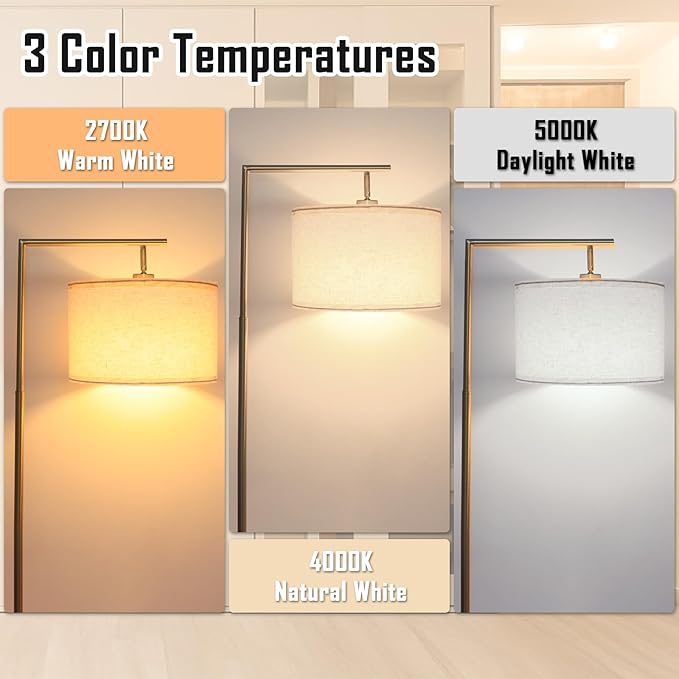 FAGUANGAO 3-Color Temterapure Gold Floor Lamp, Mid Century Modern Floor Lamp, Brass Standing Lamp with Hanging Drum Shade for Living Room, Reading Room, Bedroom, Office (LED Bulb Included) - LeafyLoom