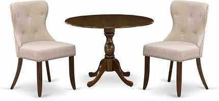 East West Furniture DMSI3-AWA-04 3 Piece Dinette Set for Small Spaces Contains a Round Dining Table with Dropleaf and 2 Light Tan Linen Fabric Upholstered Chairs, 42x42 Inch, Walnut - LeafyLoom