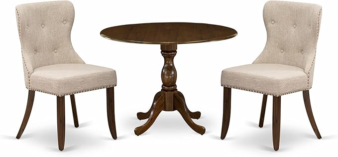 East West Furniture DMSI3-AWA-04 3 Piece Dinette Set for Small Spaces Contains a Round Dining Table with Dropleaf and 2 Light Tan Linen Fabric Upholstered Chairs, 42x42 Inch, Walnut - LeafyLoom